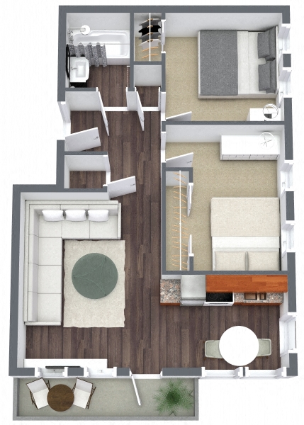 Floor plan for 2 beds, 1 bath, 590 sqft